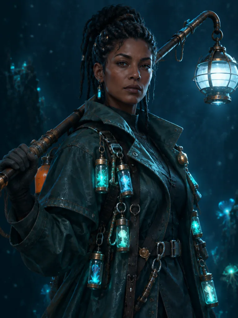 Isolde Crane dengan mantel kain minyak bergantungan botol kultur bercahaya, galah lampu berkait di bahunya.